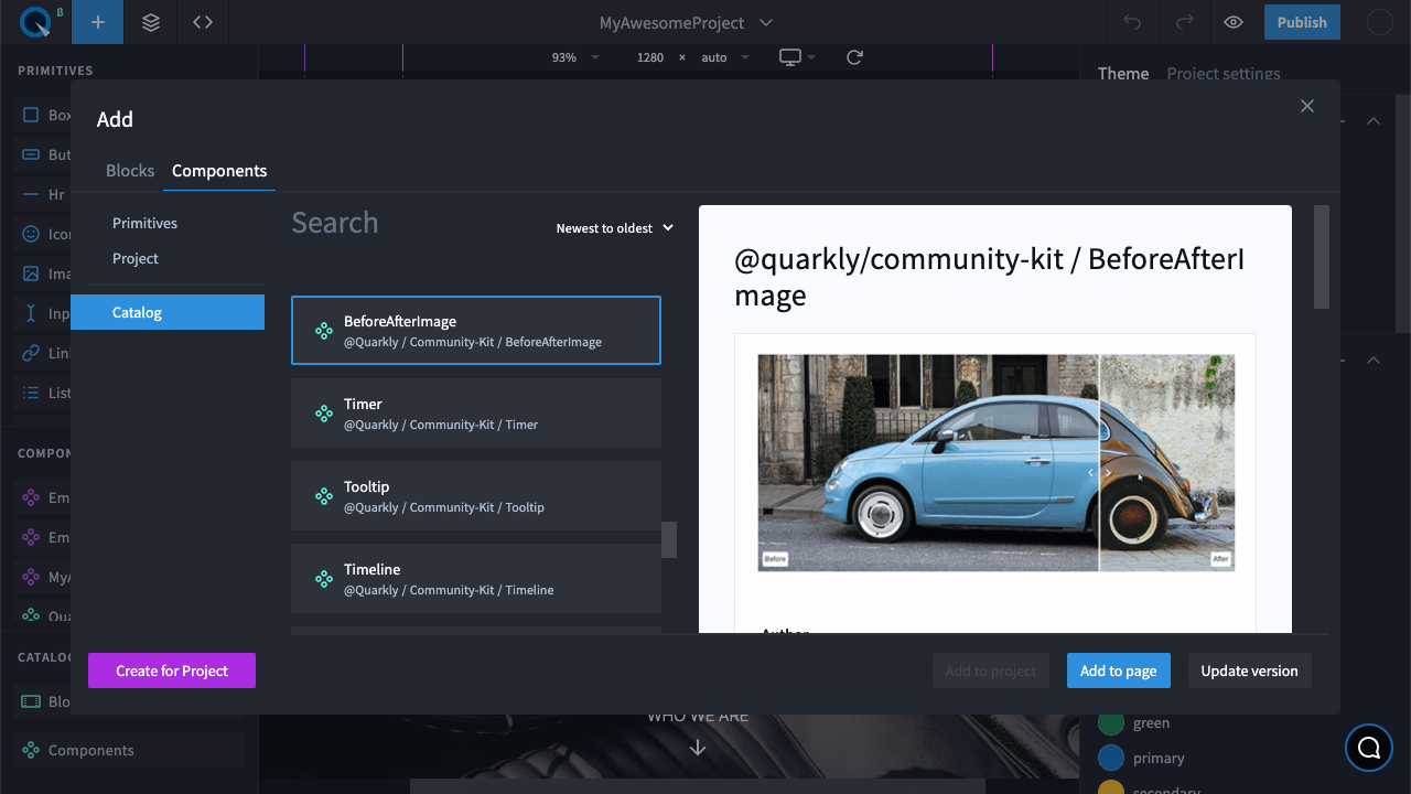 Quarkly interface with components catalog modal view